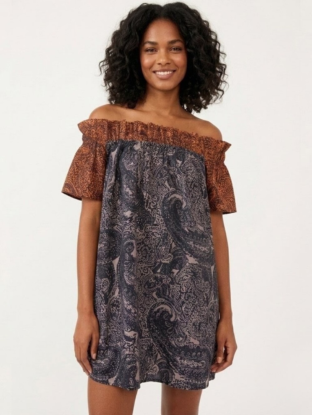Free People Sophie Off Shoulder Paisley Boho Printed Mini Dress - XS